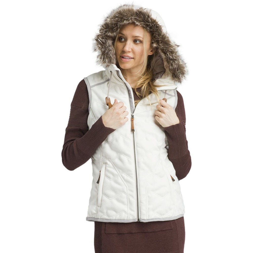 Prana Calla Wool Hooded Vest Womens L Faux Fur Lined Gorpcore Granola Sporty Ski